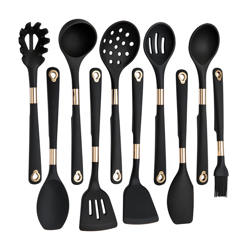 Venta al por mayor 11 piezas de utensilios de cocina de silicona con electrocha de oro