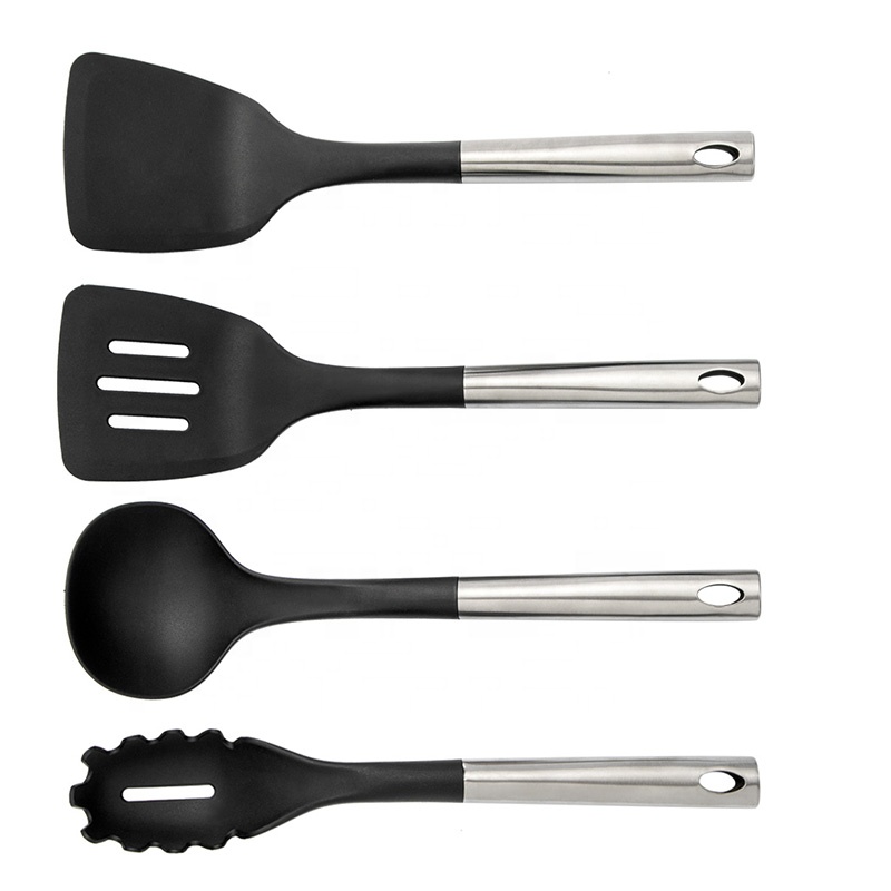 Venta caliente 8 piezas de nailon y mango de acero inoxidable utensilios de cocina con soporte de acero